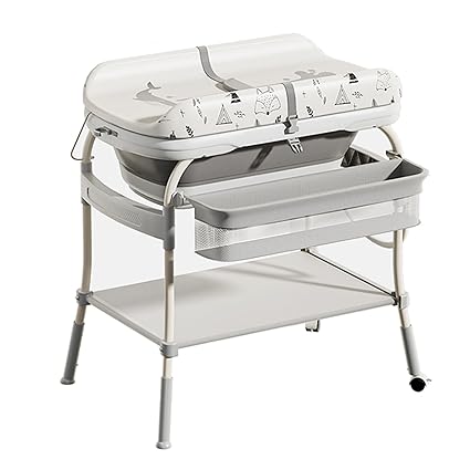 Toimoys 3in1 Baby Bathtub & Changing Table, Adjustable Height Folding Diaper Station Waterproof Pad with Storage Rack & Wheels, Baby Bath Tub with Thermometer